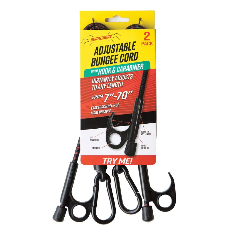 SPIDER Adjustable Bungee Cords with Hook and Carabiner, 48 Inch Unstretched, 7-70 Inch Stretched - Quick Adjust Hooks - Heavy Duty Tie Down Straps for Outdoor, Truck Beds, Moving, Cargo, Tarp, (2 Pcs) - Image 1